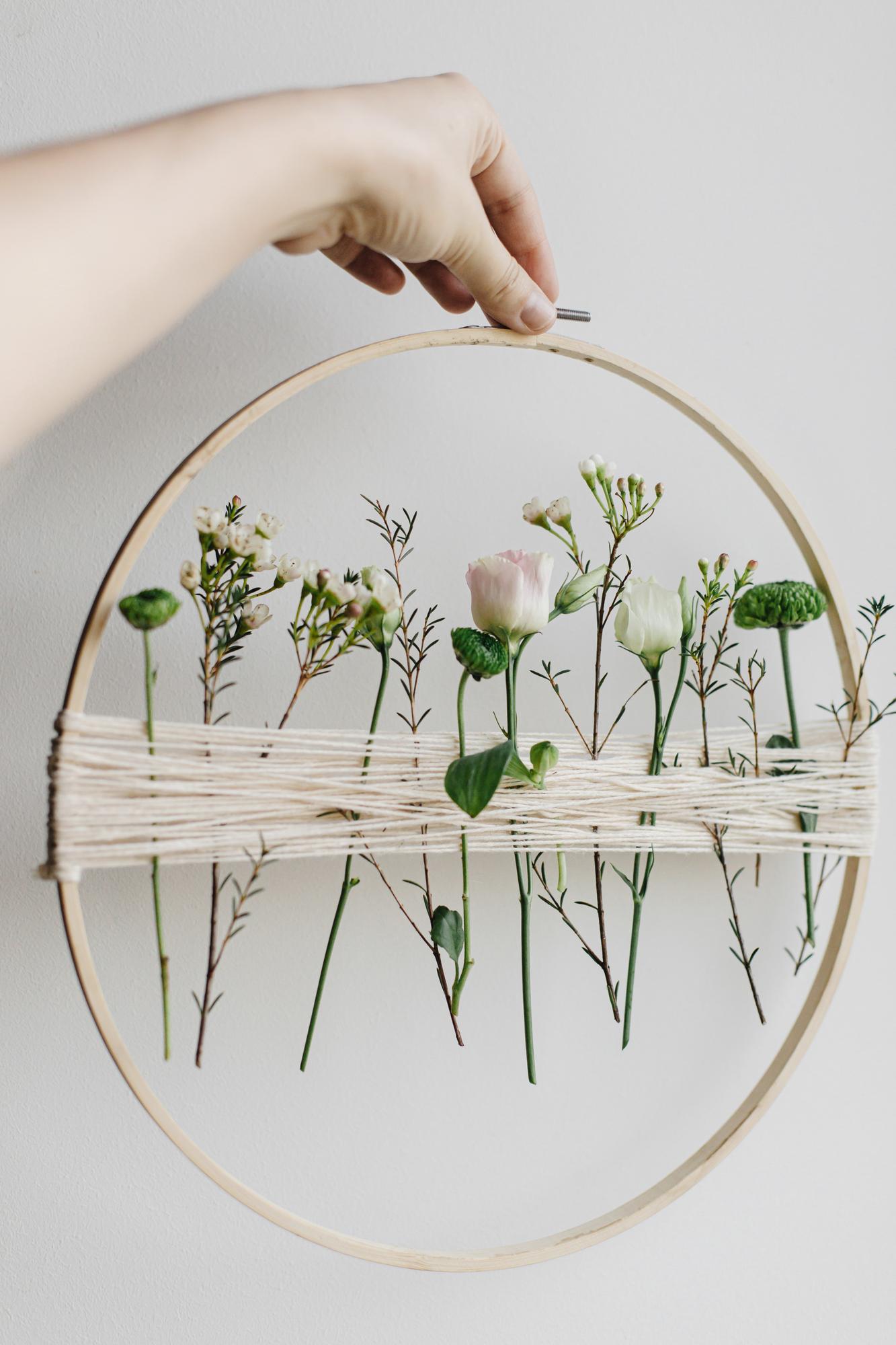 Large embroidered botanical hoop on linen